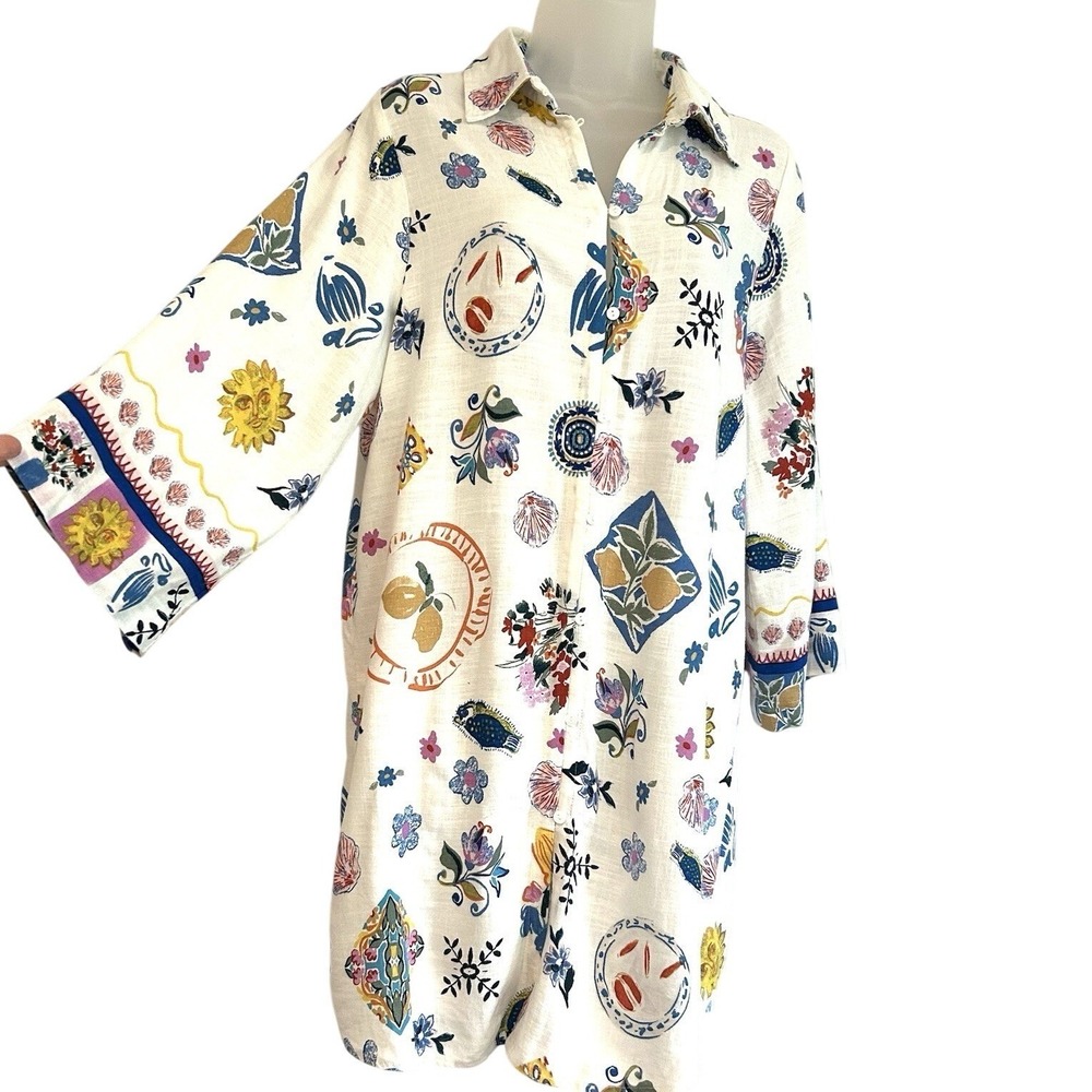 Label of Love Linen Blend Shirt Dress Sz S Beach Resort Celestial Floral